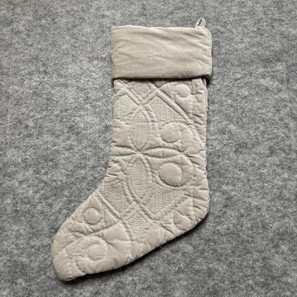 Pottery Barn Velvet‎ Quilted Christmas Stocking Taupe Beige Scroll
